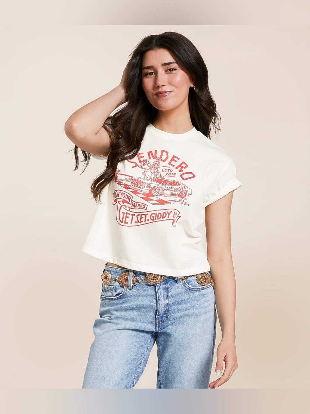 White Graphic Crop Tee with Red Print - Sendero